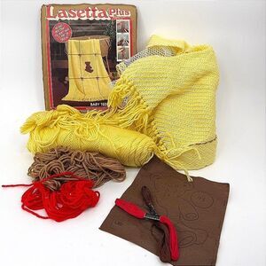 Lasetta Plus Baby Teddy Afghan Craft Kit Yellow L60 VTG DIY *STARTED* Yarn Craft